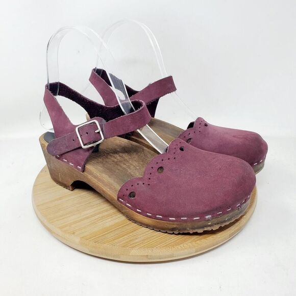 Sandgrens Milan Clogs Womens 36 Plum Nubuck Leather Scalloped Edge Straps Shoes - Picture 6 of 14